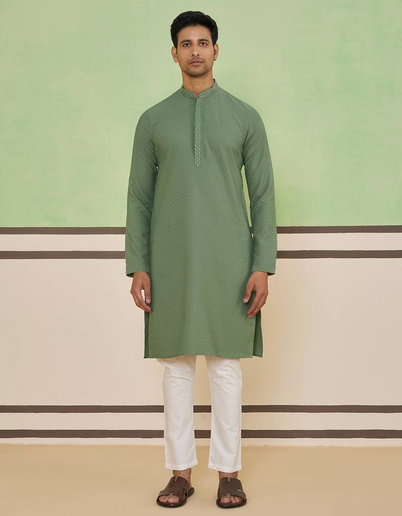 Sage green textured kurta set