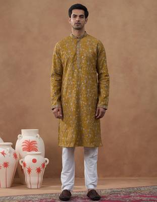 Mustard floral embroidery kurta set 1