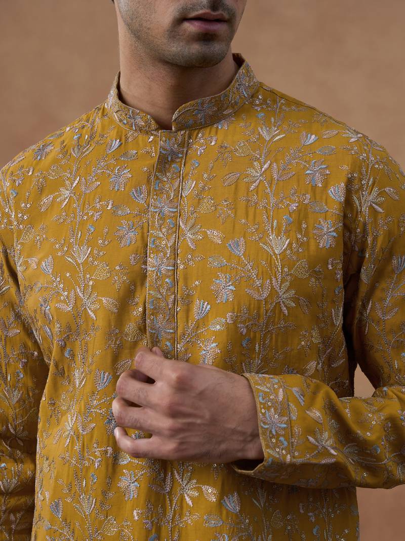 Mustard floral embroidery kurta set