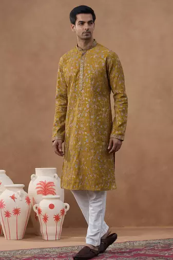 Mustard floral embroidery kurta set