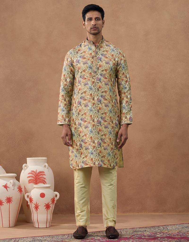 Floral printed beige kurta set