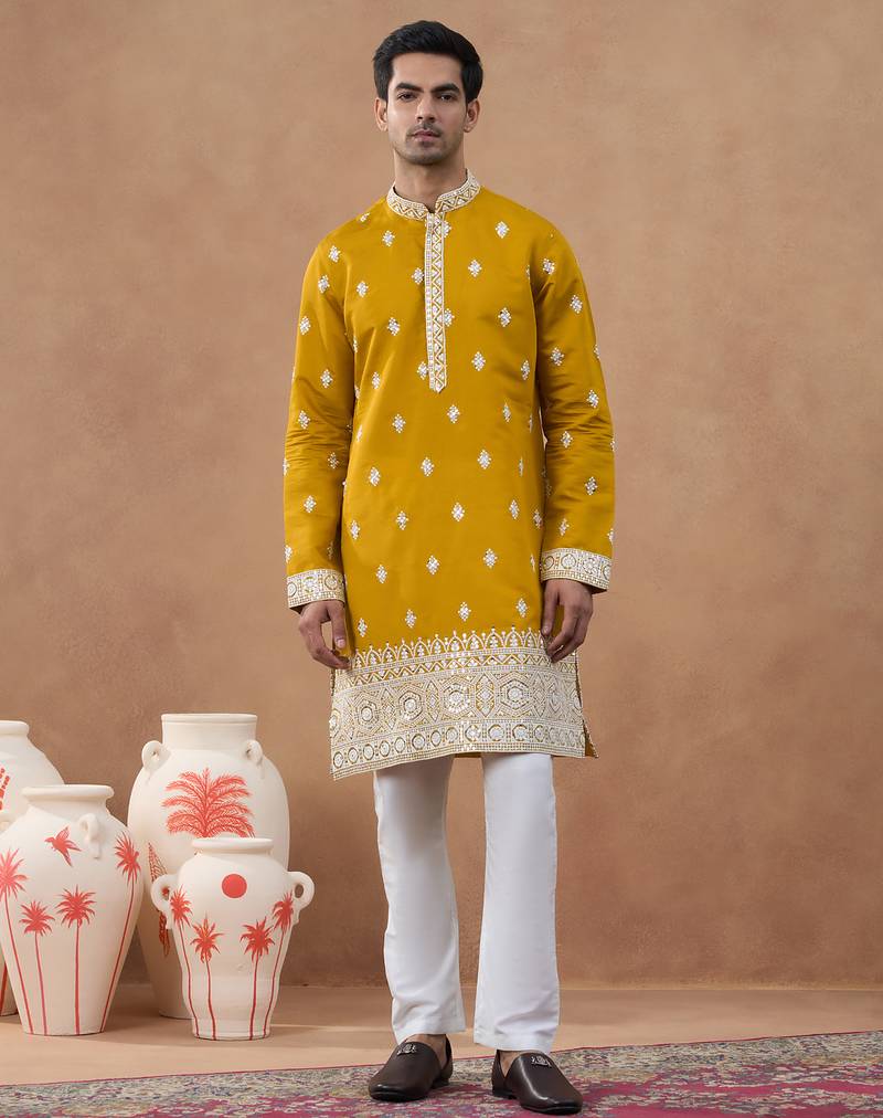 Mustard sequin-embroidered kurta set