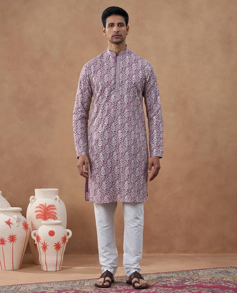 Lavender textured brocade kurta set