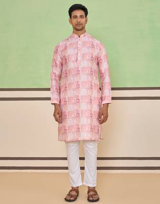 Rose pink ethnic check & floral kurta set 1