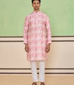 Rose pink ethnic check & floral kurta set