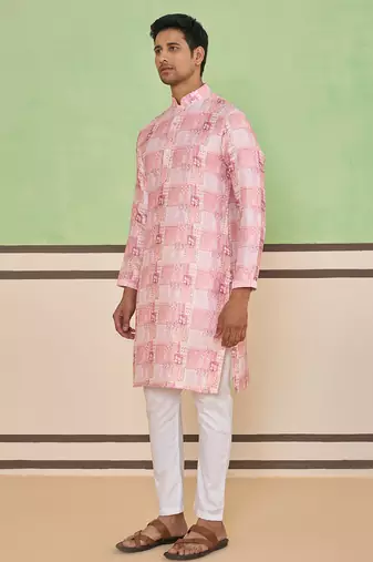 Rose pink ethnic check & floral kurta set