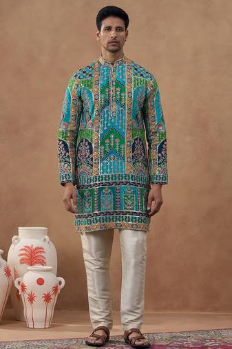 Teal multi-color printed festive kurta set