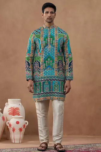 Teal multi-color printed festive kurta set