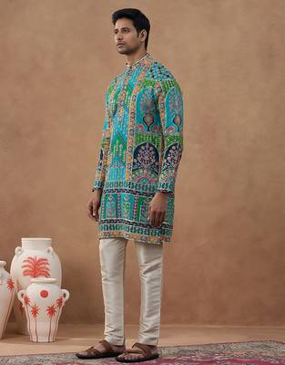Teal multi-color printed festive kurta set 3