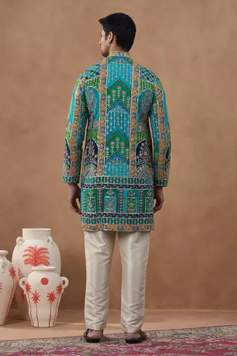 Teal multi-color printed festive kurta set