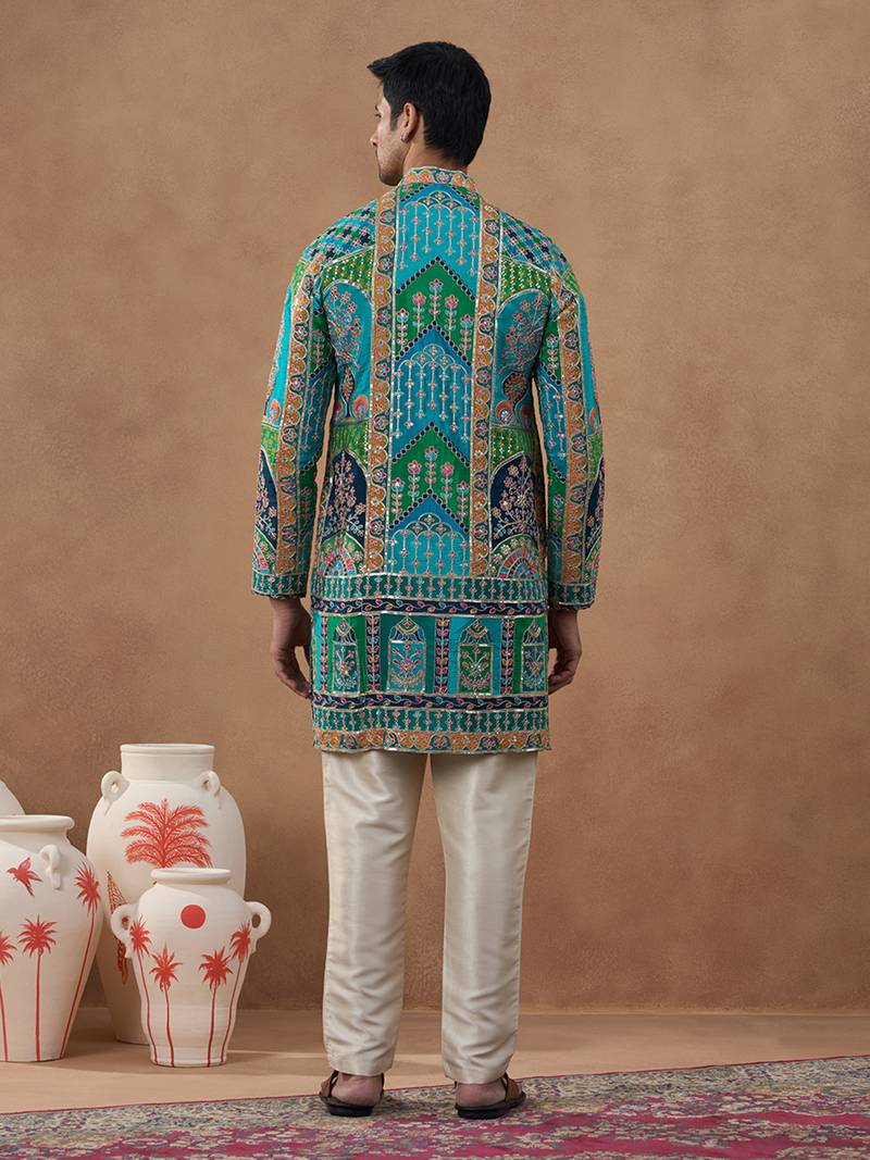 Teal multi-color printed festive kurta set