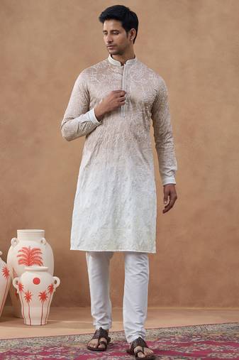 Beige floral embroidered kurta set