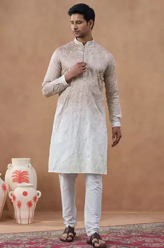 Beige floral embroidered kurta set