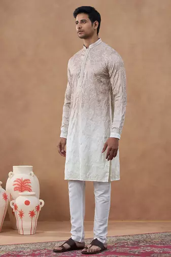 Beige floral embroidered kurta set