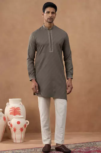 Olive brown self-design kurta set