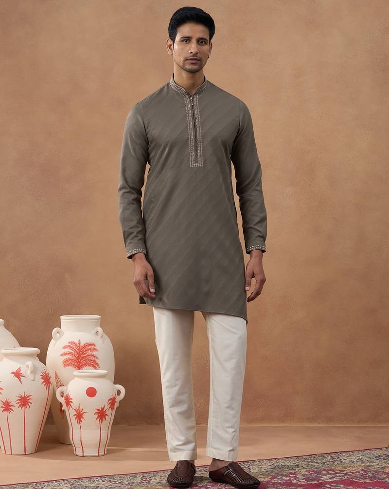 Olive brown self-design kurta set