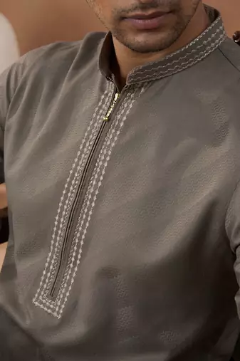 Olive brown self-design kurta set