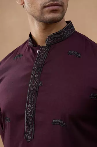 Maroon black motif embroidered kurta set