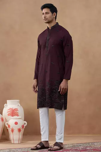Maroon black motif embroidered kurta set