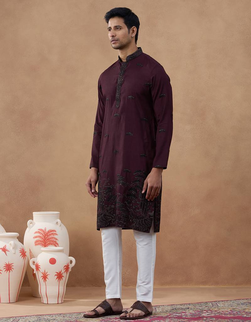 Maroon black motif embroidered kurta set
