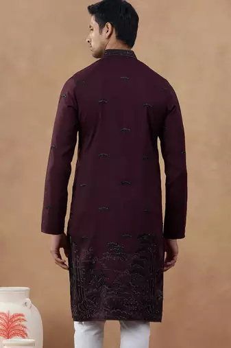 Maroon black motif embroidered kurta set