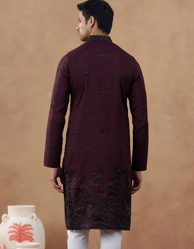 Maroon black motif embroidered kurta set