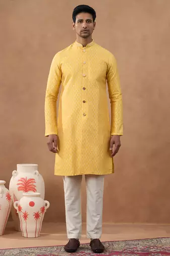 Festive yellow front open kurta set