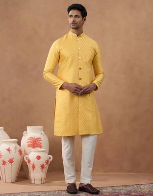 Festive yellow front open kurta set 4