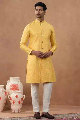 Festive yellow front open kurta set