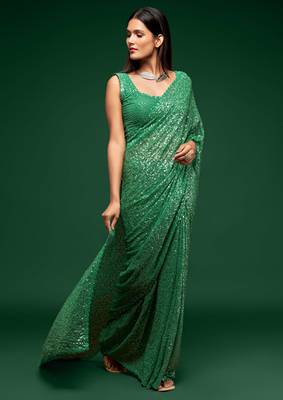Mint green georgette saree with thread & multiple sequins embroidery 1