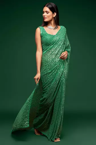 Mint green georgette saree with thread & multiple sequins embroidery