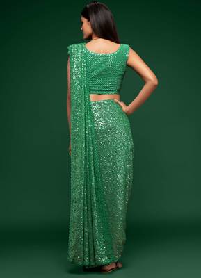 Mint green georgette saree with thread & multiple sequins embroidery 2