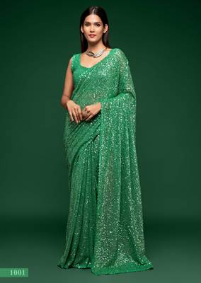 Mint green georgette saree with thread & multiple sequins embroidery 4