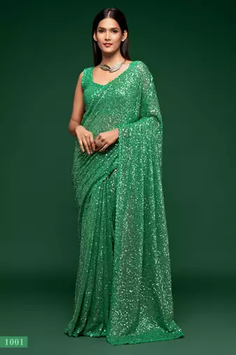 Mint green georgette saree with thread & multiple sequins embroidery