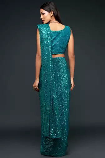 Teal blue georgette saree with thread & multiple sequins embroidery