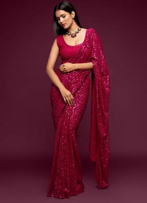 Pink georgette saree with thread & multiple sequins embroidery 1