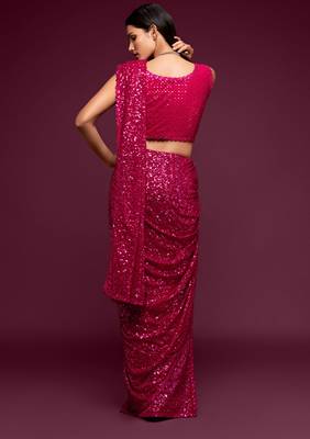 Pink georgette saree with thread & multiple sequins embroidery 2