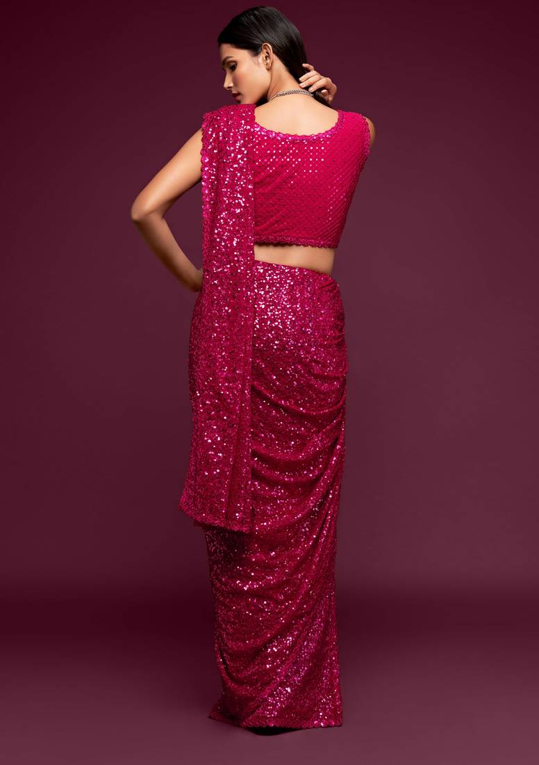 Pink georgette saree with thread & multiple sequins embroidery