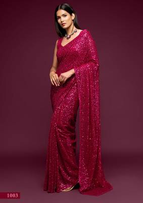 Pink georgette saree with thread & multiple sequins embroidery 3