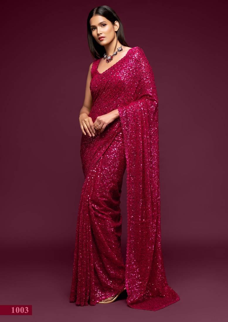 Pink georgette saree with thread & multiple sequins embroidery