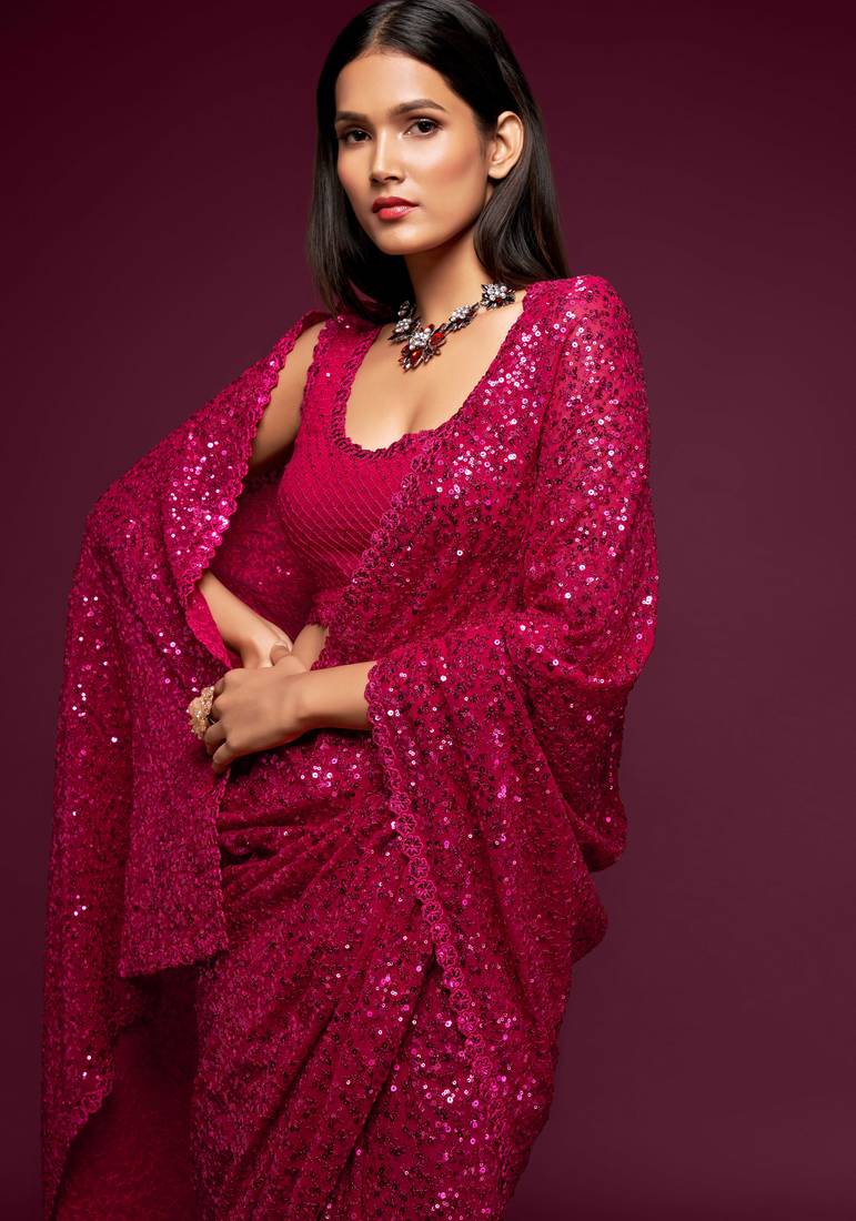 Pink georgette saree with thread & multiple sequins embroidery