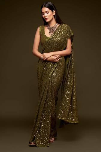 Olive green georgette saree with thread & multiple sequins embroidery