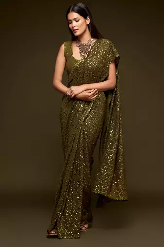 Olive green georgette saree with thread & multiple sequins embroidery