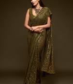 Olive green georgette saree with thread & multiple sequins embroidery