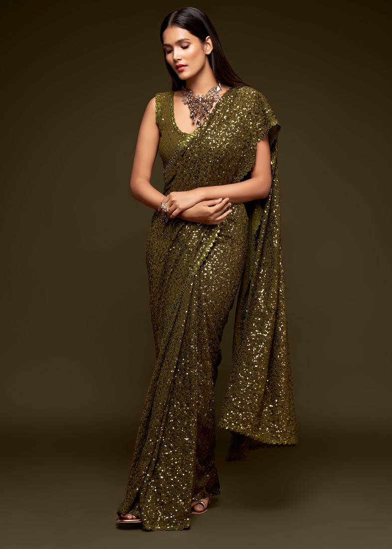 Olive green georgette saree with thread & multiple sequins embroidery