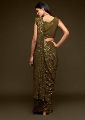 Olive green georgette saree with thread & multiple sequins embroidery 2
