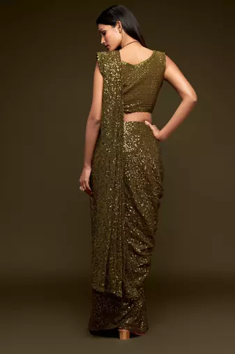 Olive green georgette saree with thread & multiple sequins embroidery