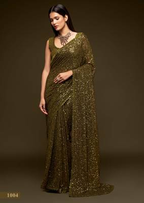 Olive green georgette saree with thread & multiple sequins embroidery 3