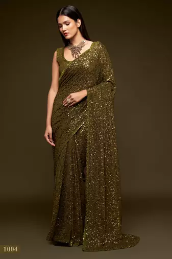 Olive green georgette saree with thread & multiple sequins embroidery