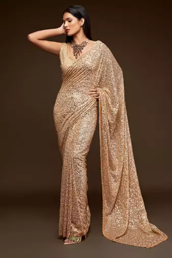 Ivory georgette saree with thread & multiple sequins embroidery